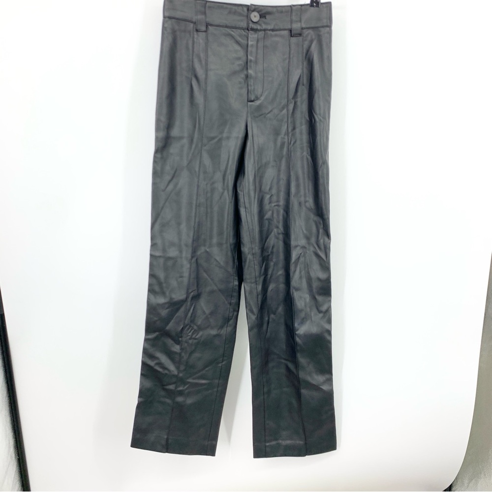 ZARA Women Size Small Pants Black Faux‎ Leather Wide Leg High Rise Front Seam